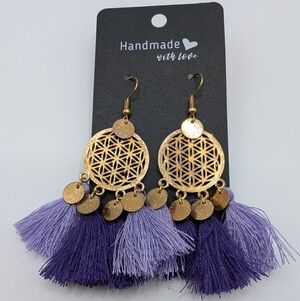 Handmade Purple 2 Tone Fringe Circle Top Earrings Shimmer Disc Accent 3" NEW
